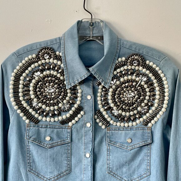 NWOT - "Villon Jeans" - Denim-Bleu Embellished Cotton Shirt - Made in Brazil - Picture 3 of 12